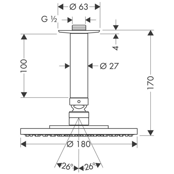 HG Raindance S Верхний душ 1jet (RainAir), d180 мм, G1/2, шарнирное соединение, с потолочным держателем 100 мм, цвет: хром HG Raindance S Верхний душ 1jet (RainAir), d180 мм, G1/2, шарнирное соединение, с потолочным держателем 100 мм, цвет: хром
