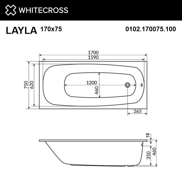 Ванна WHITECROSS Layla Slim 170x75 акрил
