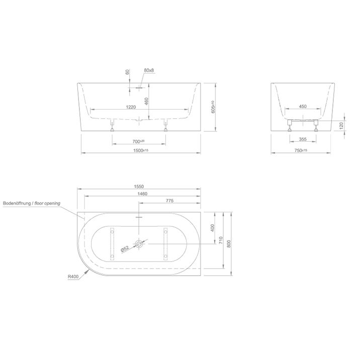 KNIEF Fresh XS Ванна в правый угол 155х80х60см,слив щелевой, без слив-перелива, цвет белый матовый