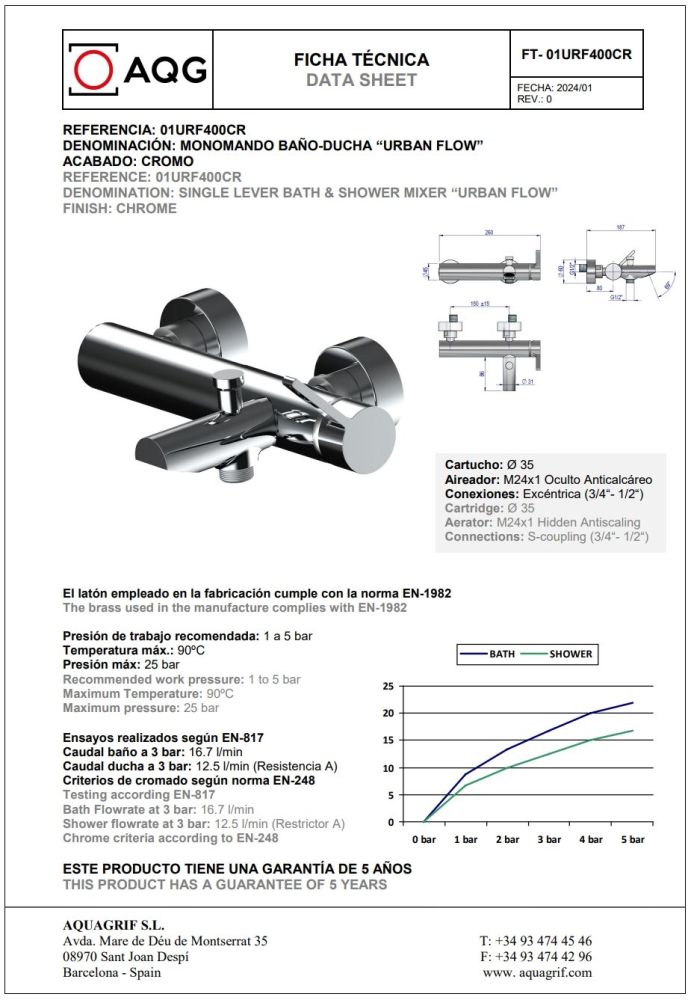 AQG Urban Flow, однорычажный смеситель для ванны без набора для душа, цвет хром