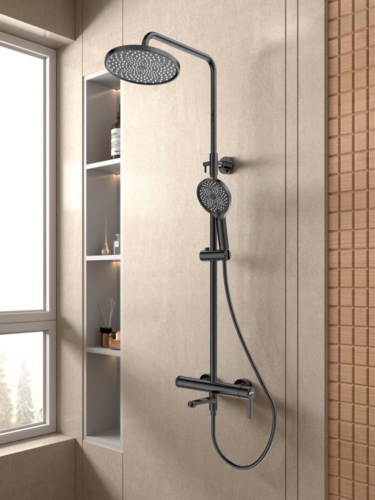 Смеситель Lemark Ladoga для ванны и душа с регулируемой высотой штанги и лейкой верхнего душа «Тропический дождь» (LMF-0726B-BL), артикул LMF-0726B-BL