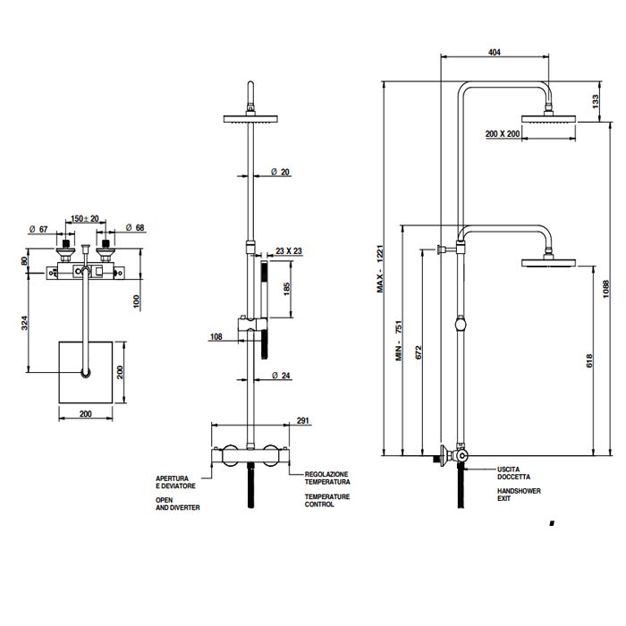 Bongio  Душевая стойка с термостатом верхним душем 200*200мм с ручным душем, хром