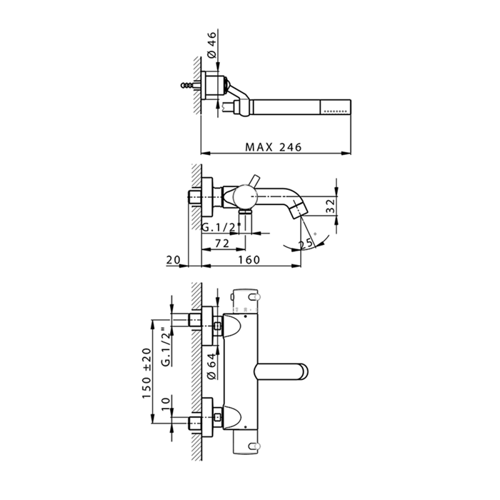 CISAL Less New Смеситель термостатический настенный для ванны/душа с ручной лейкой,держателем и шлангом, цвет черный матовый