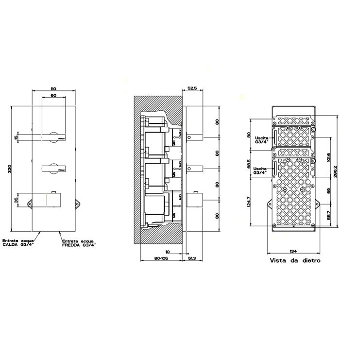 Gessi Rettangolo Встраиваемый термостат, подключение на 3/4”, с 2мя независимыми выходами(внешние части), цвет: хром