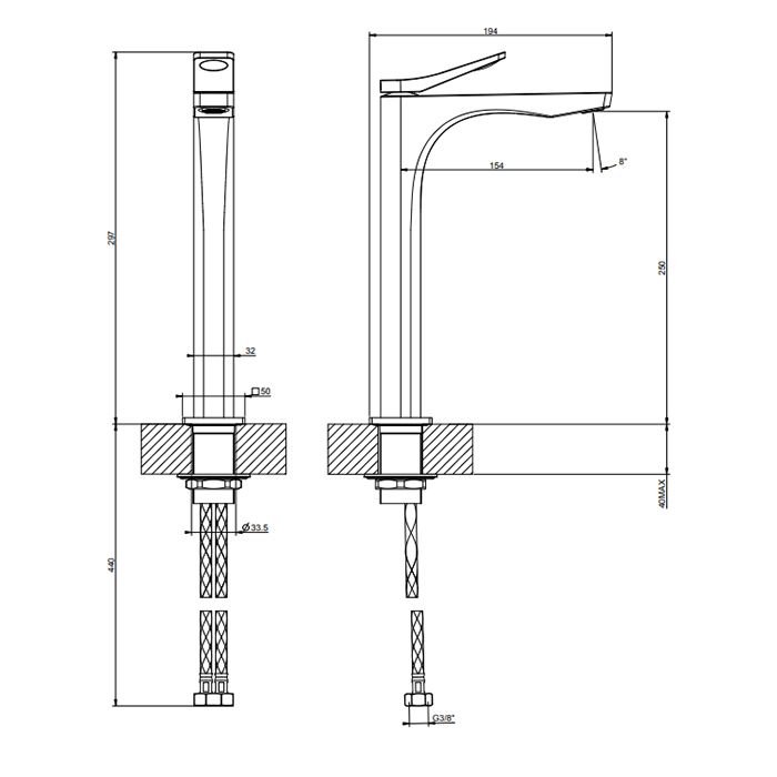 GESSI Rilievo Смеситель для раковины на 1 отв. без донного клапана  h=297мм, излив 154мм , цвет: nero XL