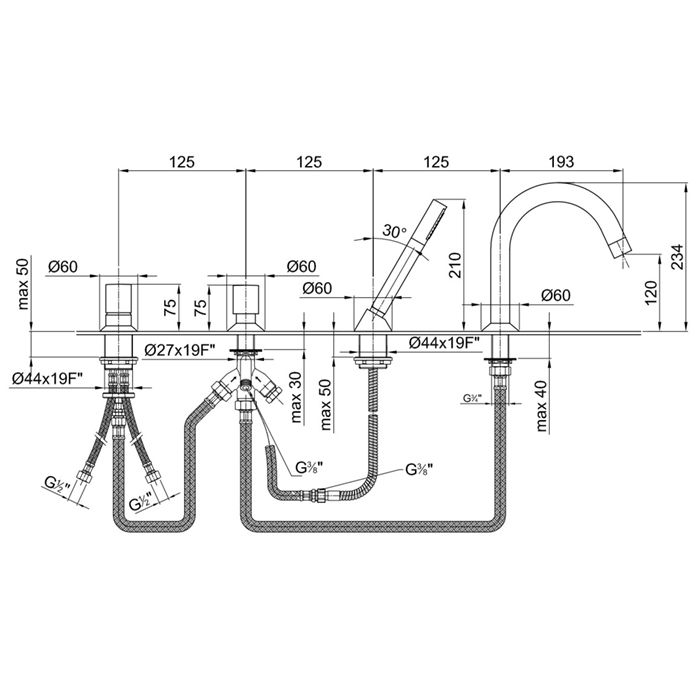 Смеситель для ванны и душа, Fantini, Nostromo, тип открывания воды-одновентильный, тип установки-на борт ванны, отверстия для монтажа-4, вынос излива, мм-195, цвет-хром, в комплекте-ручки, переключатель на 2 потока с кнопкой, ручная лейка SUN, гибкий шлан