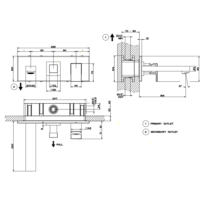 Gessi Rettangolo Встраиваемый смеситель с изливом и переключателем PULL(внешние части), цвет: хром