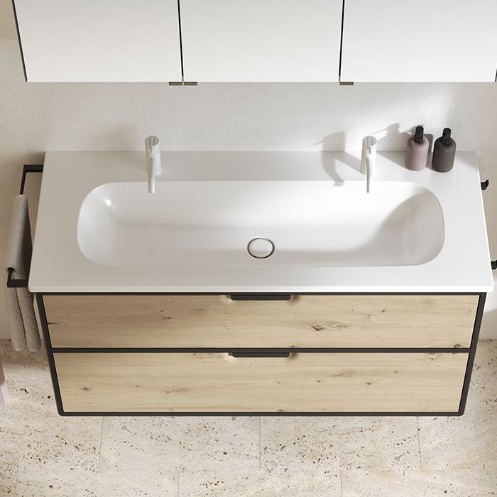 BURGBAD VRY Комплект мебели 1230х496х622 мм, подвесной, 1 ящик, 1 полка, раков белая глянц с 2 отв для смес, ручка черная мат, цвет Eiche Dekor Urban