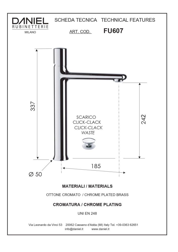 Daniel Fusion, высокий однорычажный смеситель для раковины (излив 18,5 см), с донным клапаном click-clack, цвет глянцевый черный хром, артикул FU607-CF