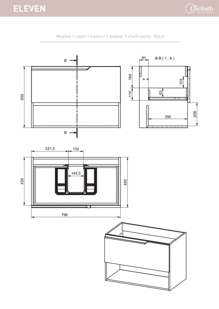 Visobath Eleven, тумба 80 см, 1 ящик и 1 открытая полка, цвет пепельный матовый лак (Ceniza), артикул 85602/Ceniza
