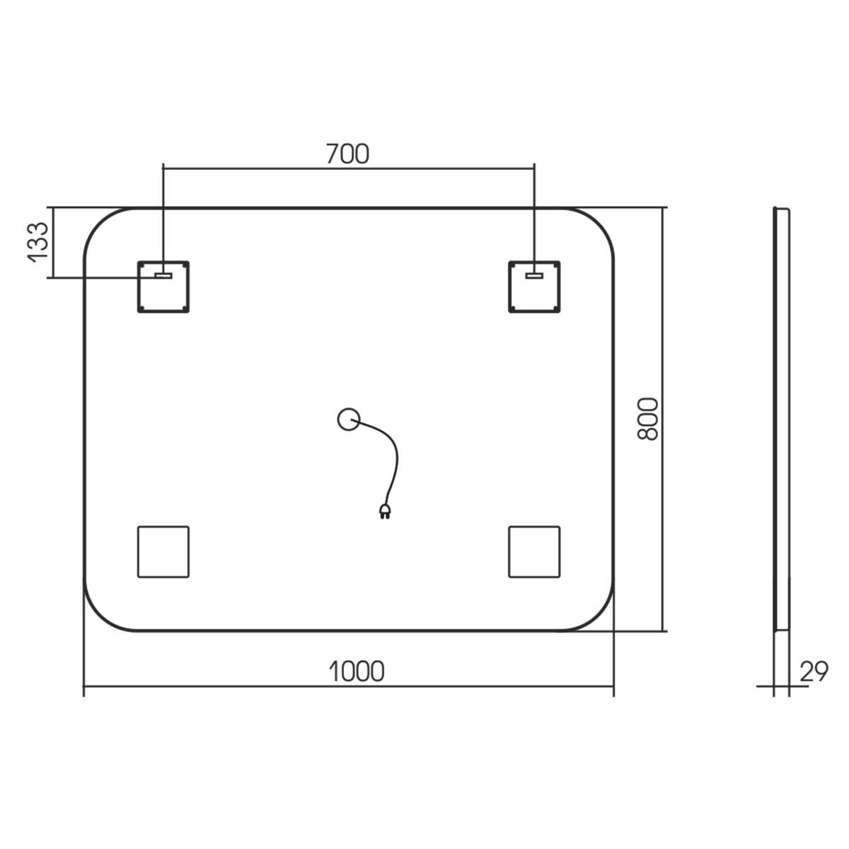 Зеркало LED VLM-2A100-2W  1000x800 c сенсорным выключателем и диммером, часы+антизапотевание