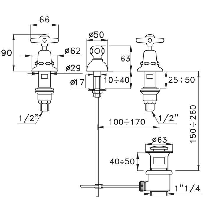 Stella Italica Смеситель для биде на 3 отверстия 3600, без излива, с донным клапаном, цвет: хром