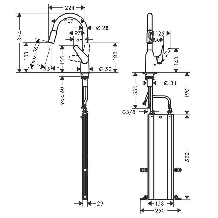 HG Focus M42 Кухонный смеситель на 1 отв, однорычажный, поворотный излив 224мм с вытяжным душем, 2jet, h183мм, sBox, цвет: хром HG Focus M42 Кухонный смеситель на 1 отв, однорычажный, поворотный излив 224мм с вытяжным душем, 2jet, h183мм, sBox, цвет: хром