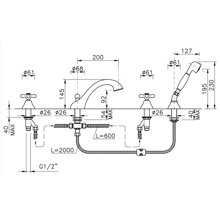 Nicolazzi Nuova Brenta Смеситель на борт ванны на 4 отверстия, с душевой лейкой, излив: 200мм, цвет: тёмная бронза, артикул 2504DB