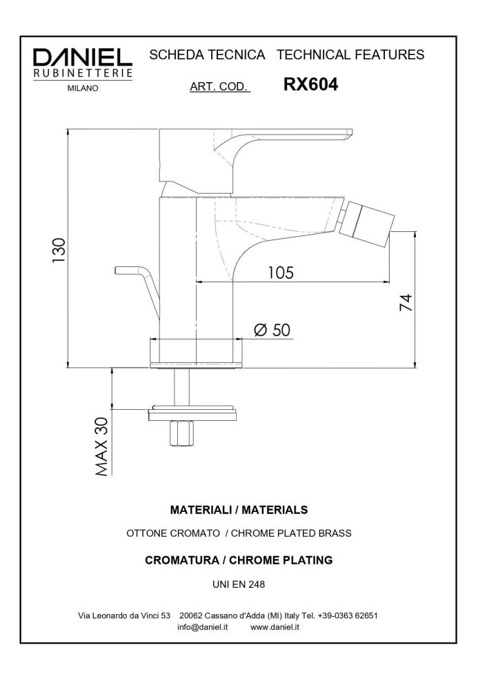 Daniel Reflex, однорычажный смеситель для биде с донным клапаном, цвет зачищенный никель, артикул RX604-NP