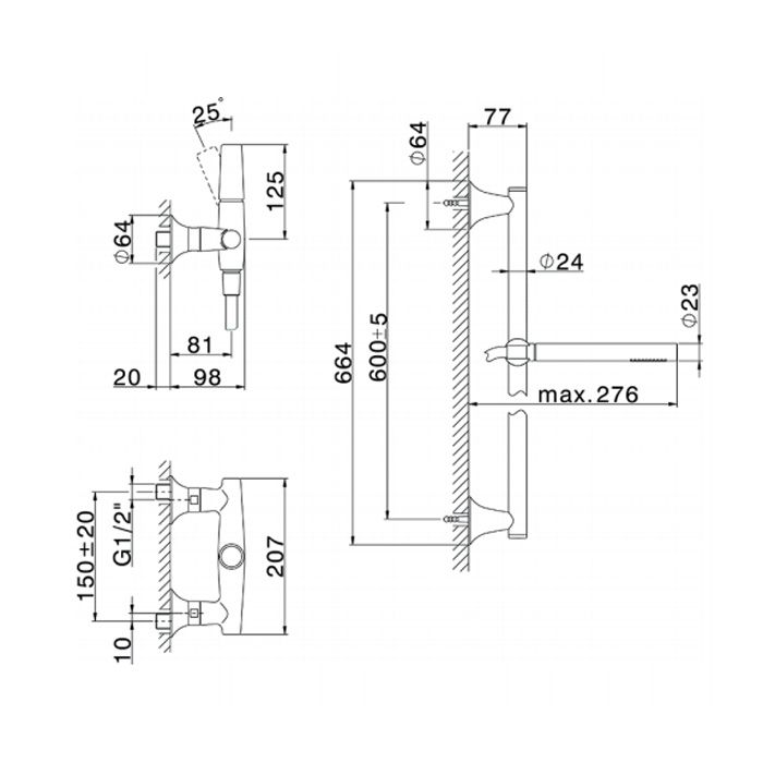 CISAL Vita Комплект для душа: смеситель+ душевой гарнитур штанга L=664мм, шланг и ручной душ 1 режим,  цвет хром
