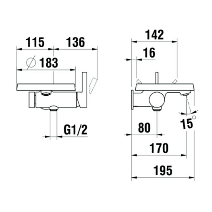 Laufen Kartell Смеситель для ванны настенный, на 1 отв, с ручным душем, излив 170мм, цвет: хром