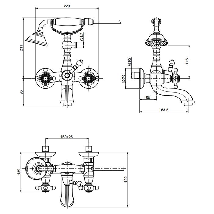 Fima Carlo Frattini Elizabeth Смеситель для ванны, настенный, с ручным душем, цвет: золото Fima Carlo Frattini Elizabeth Смеситель для ванны, настенный, с ручным душем, цвет: золото