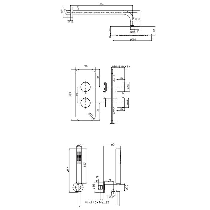 Fima Carlo Frattini Sistemi doccia Душевая система, верхний душ 25см., со смесителем и ручным душем, на 2 источника, цвет: хром
