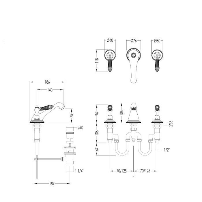 Devon Black Diamond Смеситель для раковины на 3 отв., с донным клапаном, с декоративными элементами черного цвета, цвет: хром, артикул BLD76CR
