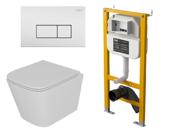 Комплект D&K Унитаз подвесной безободковый (торнадо) DT1436516, Инсталляция DI8050127, Клавиша смыва DB1499016 белый (DS1431622)