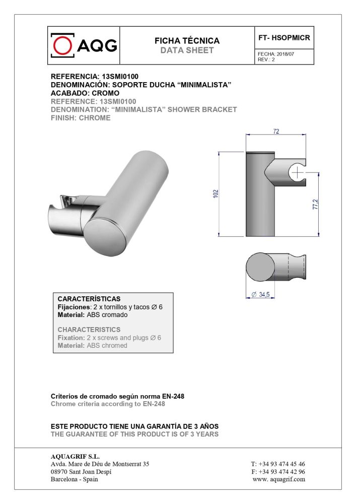 AQG MINIMALISTA, круглый нерегулируемый держатель для ручного душа, цвет хром, артикул 13SMI0100