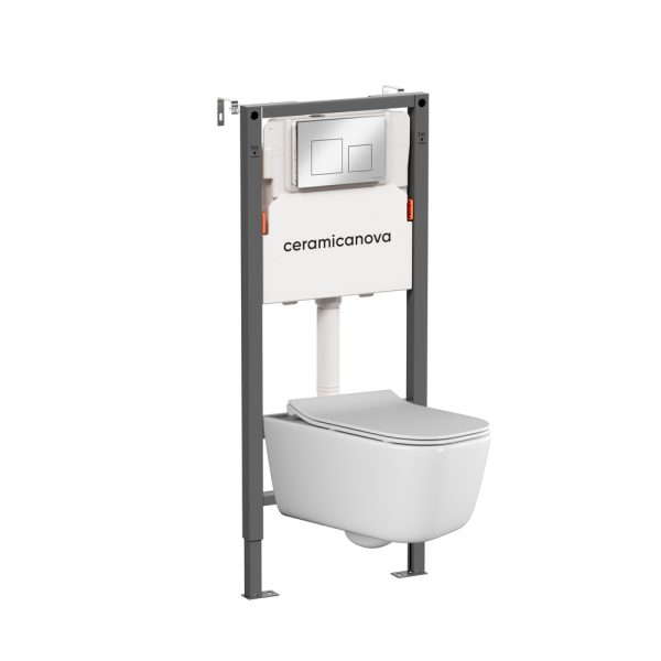 Комплект Подвесной унитаз Новый день (New day) Безободковый (Rimless) + Система инсталляции Баланс (Balance) кнопка Квадрат (Square), хром глянцевый