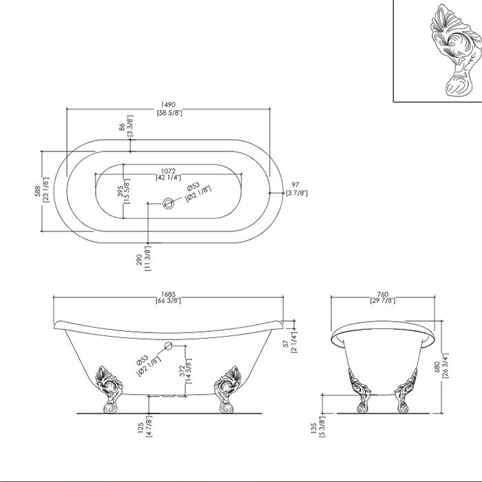 Devon Cherie Ванна чугунная (без отв-й для смесит),1685х760хh680 см, цвет: белый, ножки Flora полиров. аллюминий(без слива-перел)