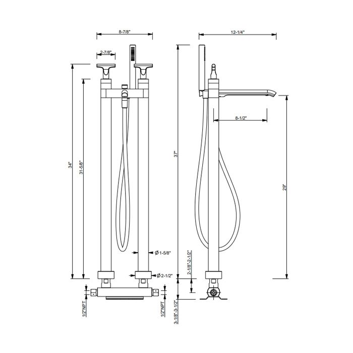 FANTINI SAILING Смеситель для ванны напольный,перекл на 2 потока, ручная лейка, внешняя часть, цвет Matt Gun Metal PVD