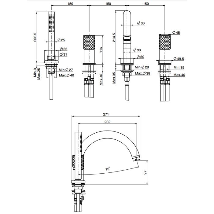 Fima Carlo Frattini Spillo Tech Смеситель на борт ванны, на 4 отв., с ручным душем., цвет: золото