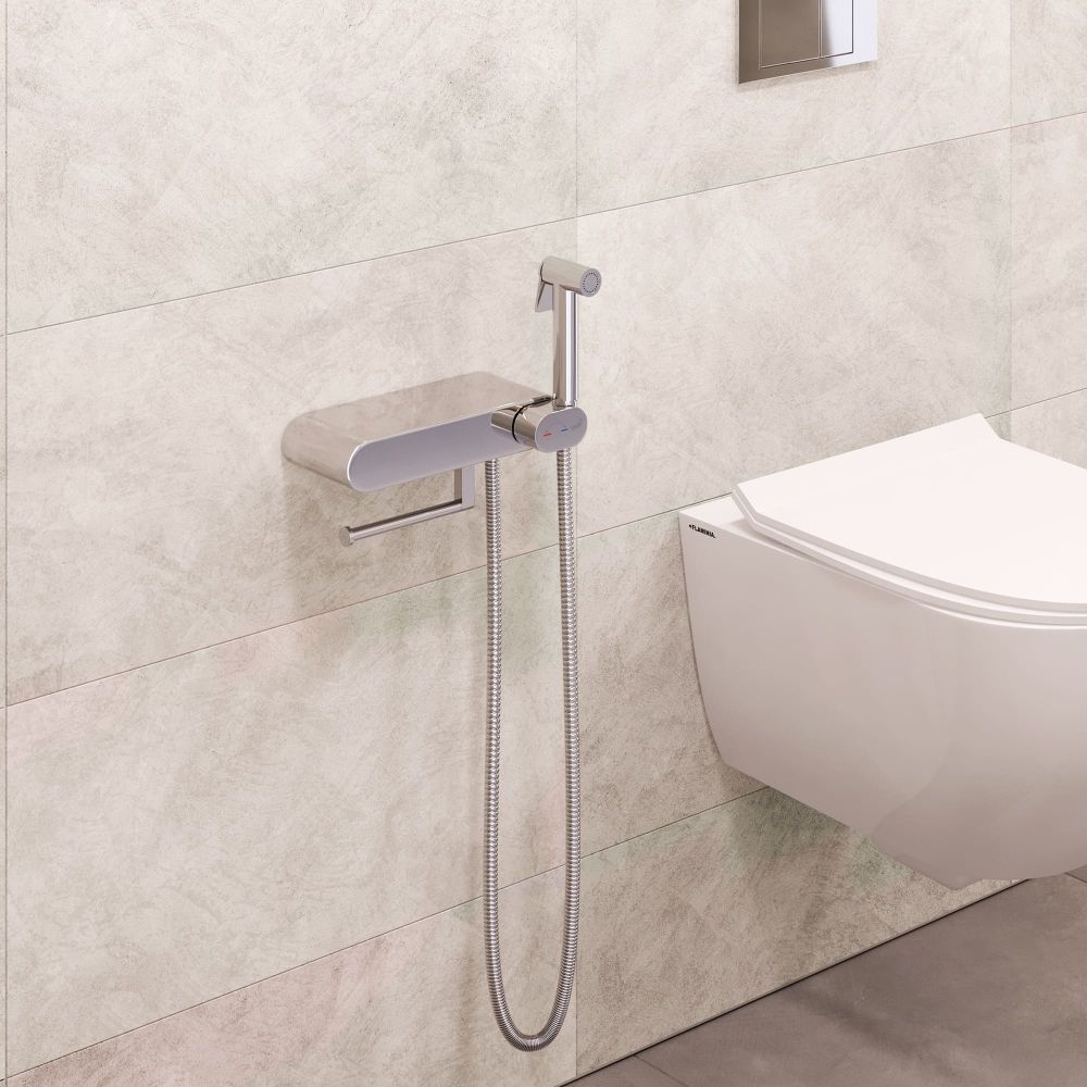 Смеситель с полочкой и держателем туалетной бумаги, с гигиеническим душем - RGW SP-222, хром, артикул 581408222-01