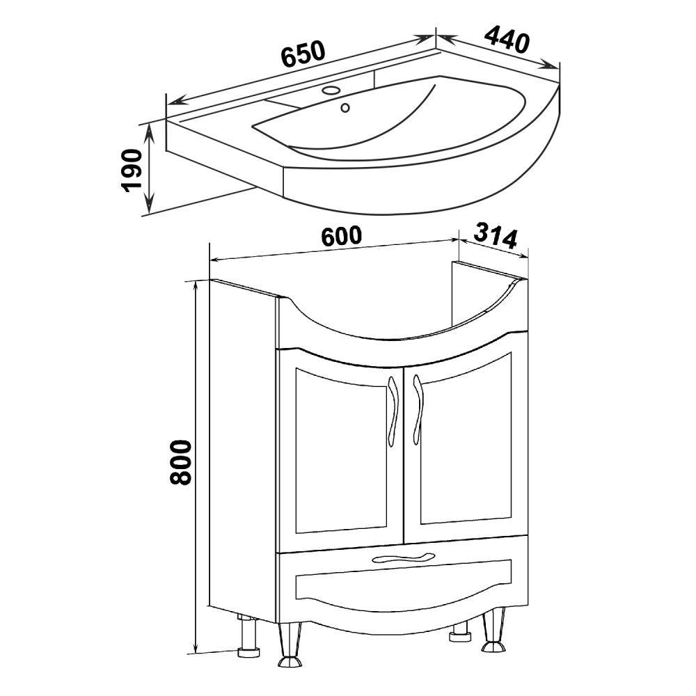 Тумба Runo Неаполь 65 под умывальник 00000000438 (Элеганс 65) (00-00001033), артикул 00-00001033