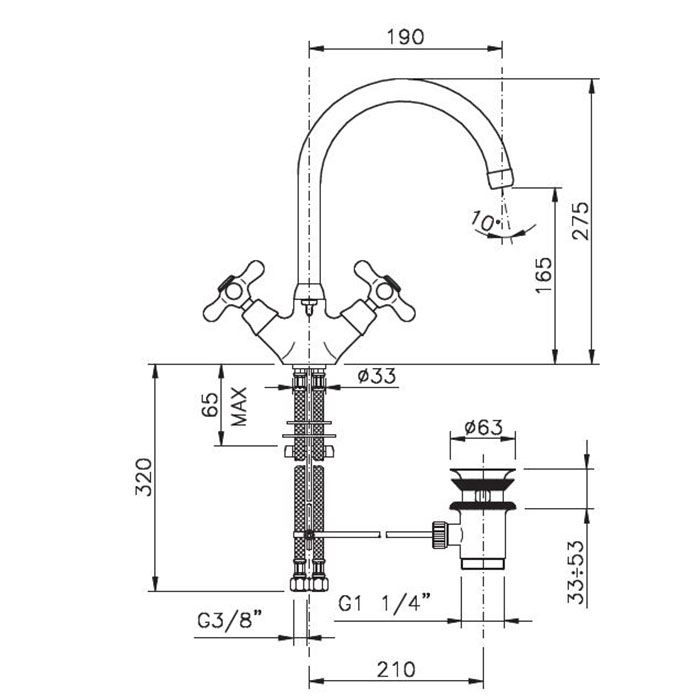 Nicolazzi Nuova Brenta Смеситель для раковины с 2мя ручками, поворотный излив: 190мм, с донным клапаном, цвет: бронза