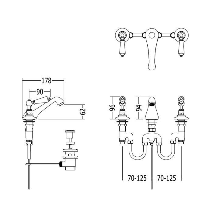 Devon Black Dandy Смеситель для раковины на 3 отв., с донным клапаном, c ручками черными, цвет: золото светлое, артикул MARF46BD