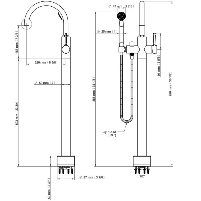 THG HAMPTONS Смеситель для ванны напольный, однорычажный, с ручным душем и шлангом 1500 мм., цвет золото