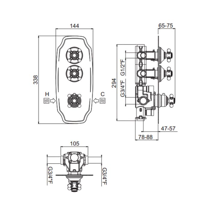 Carimali COLONIAL  Внешняя часть вертикальная двухстороннего горизонтального термостатического смесителя с высокой пропускной способностью. хром