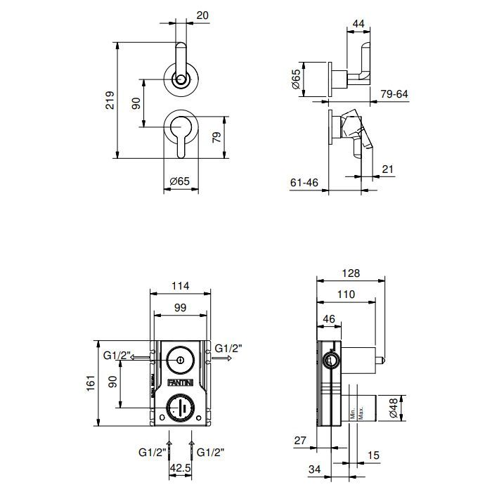 FANTINI ICONA DECO Смеситель для душа встраиваемый, однорычажный, с переключателем на 2 потока, внешняя часть, цвет Raw Metal PVD