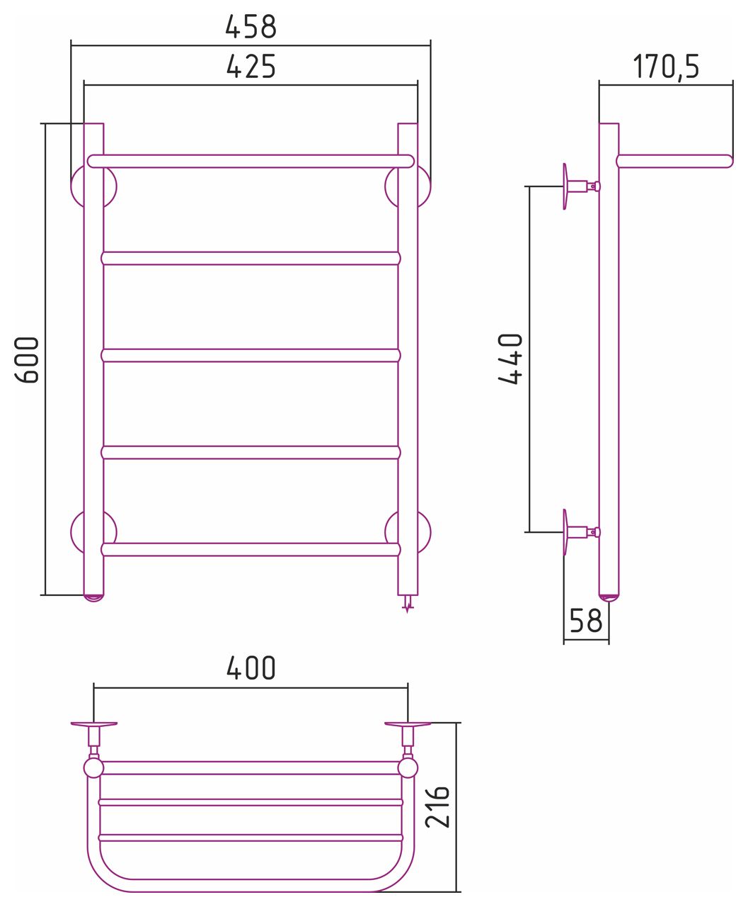 Электрический полотенцесушитель СТИЛЬЕ "Формат 30 П" 600х400 (Полка + 4) П16 (Без покрытия)