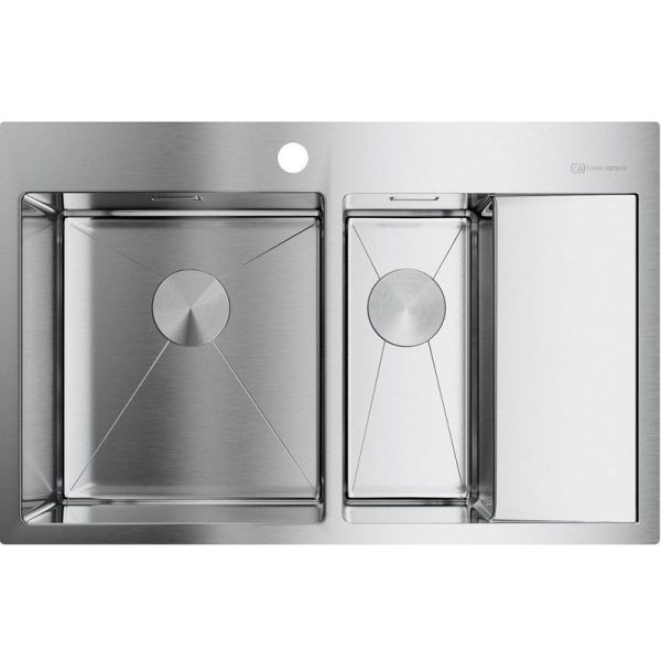 Мойка, OMOIKIRI, Akisame, с крылом, число чаш-2 слева, ширина, мм-780, глубина, мм-510, высота, мм-200, тип установки-встраиваемый, отверстия для смесителя-1, с переливом, сифон и донный клапан с декоративными накладками в комплекте, материал-нержавеющая