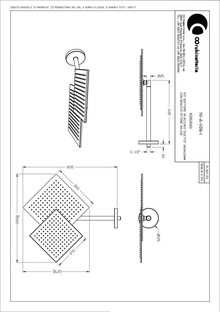 Graffio Duetto, кронштейн из стены, сдвоенная квадратная душевая головка 30x45 см, 1 режим: дождь, цвет хром