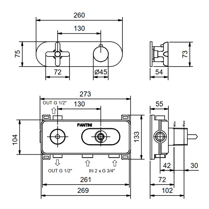 Fantini ICONA CLASSIC Термостатический встраиваемый смеситель для душа, 3/4'' (наружная часть), цвет: хром