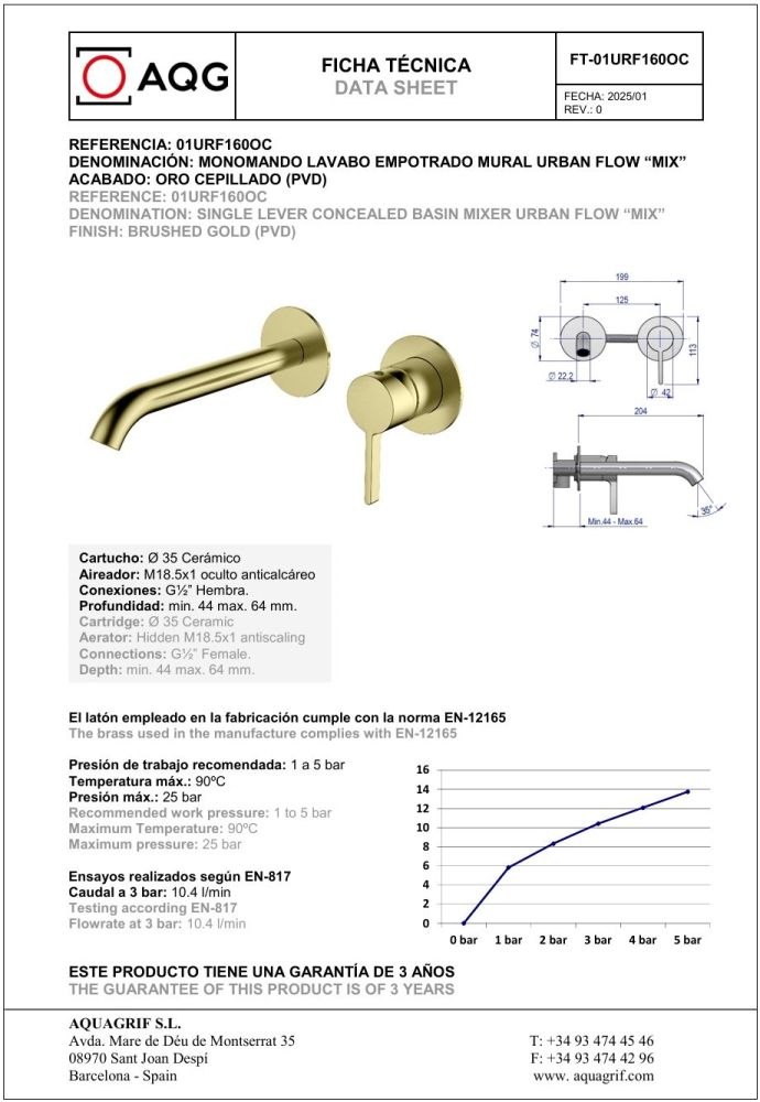 AQG Urban Flow Two, встраиваемый в стену однорычажный смеситель для раковины, цвет матовое золото (PVD), артикул 01URF160OC