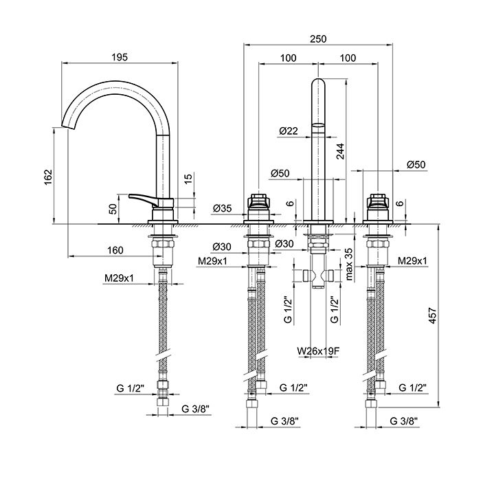 Fantini AL/23 Смеситель для раковины, 3 отв., без донного клапана, излив 160мм, цвет: хром