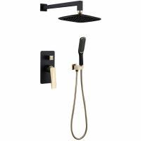 Смеситель встроенный + верхний душ + ручной душ ЧЕРНЫЙ+ЗОЛОТО