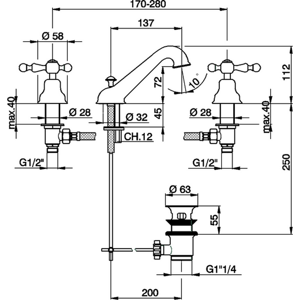 CISAL Arcana America Смеситель для биде на 3 отверстия, с донным клапаном, цвет золото