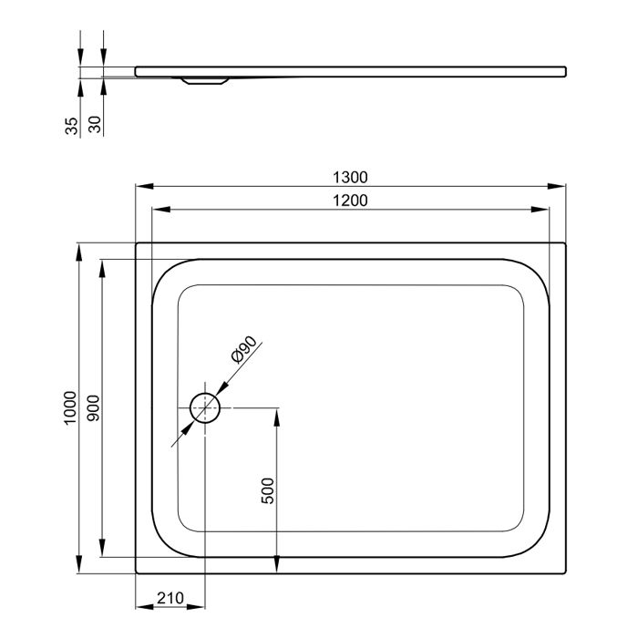 BETTE Душевой поддон прямоугольный 130х100 см, суперплосский 3,5 см, D90 мм, цвет белый