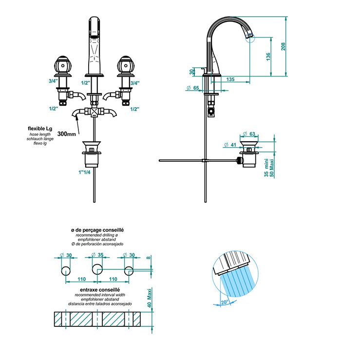 THG ITHAQUE DECOR PLATINE Смеситель для раковины на 3 отверстия, с донным клапаном, декор платина, цвет хром