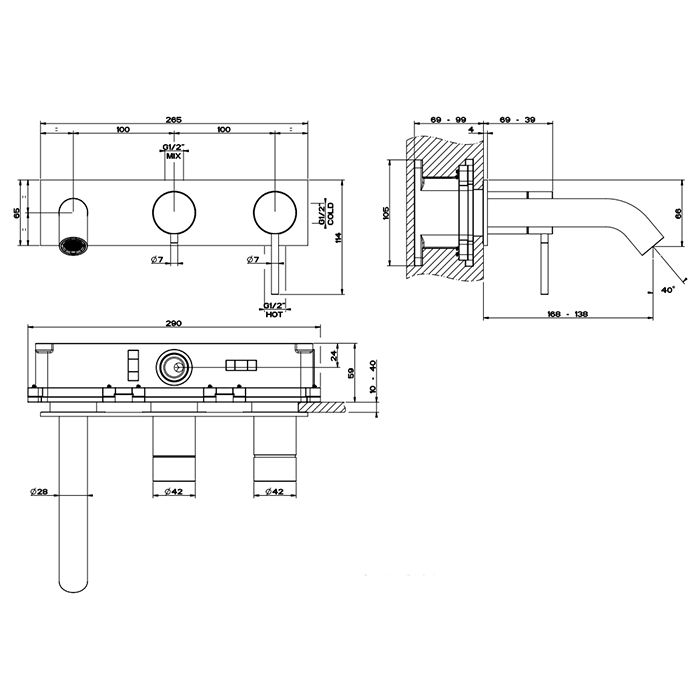 GESSI 316 Встраиваемый смеситель на 2 источника, с изливом 168-138мм и переключателем (внешняя часть), цвет: brushed black metal pvd