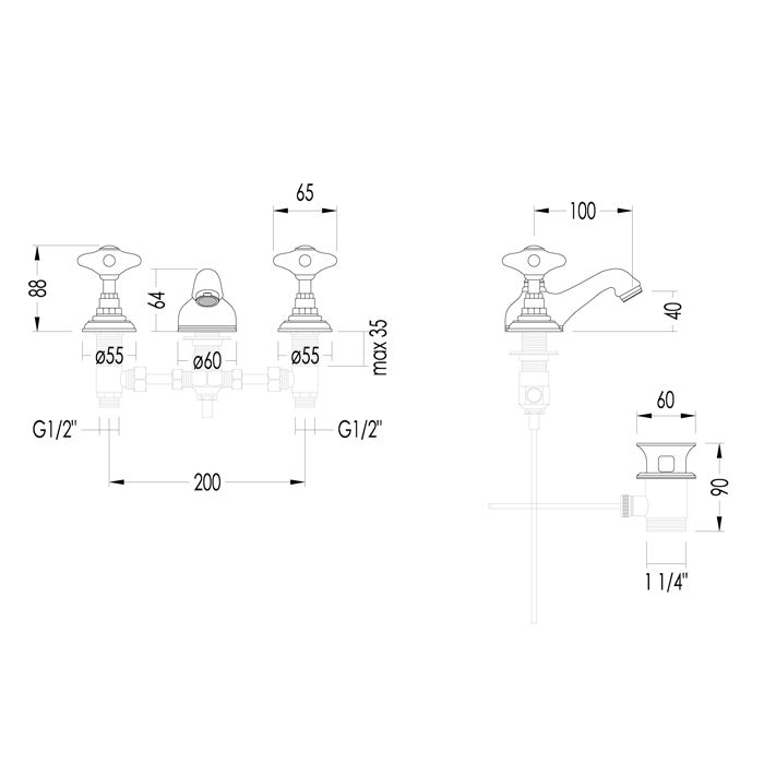 Devon&Devon WHITE ROSE Смеситель для биде на 3 отв.,100мм,с донным клапаном,цвет хром, артикул UTWR712CR