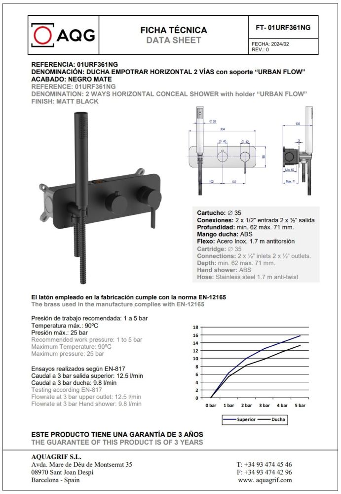 AQG Urban Flow, душевой комплект ER235 на 2-3 потребителя, с потолочным кронштейном, цвет черный матовый, артикул 19URFER23505